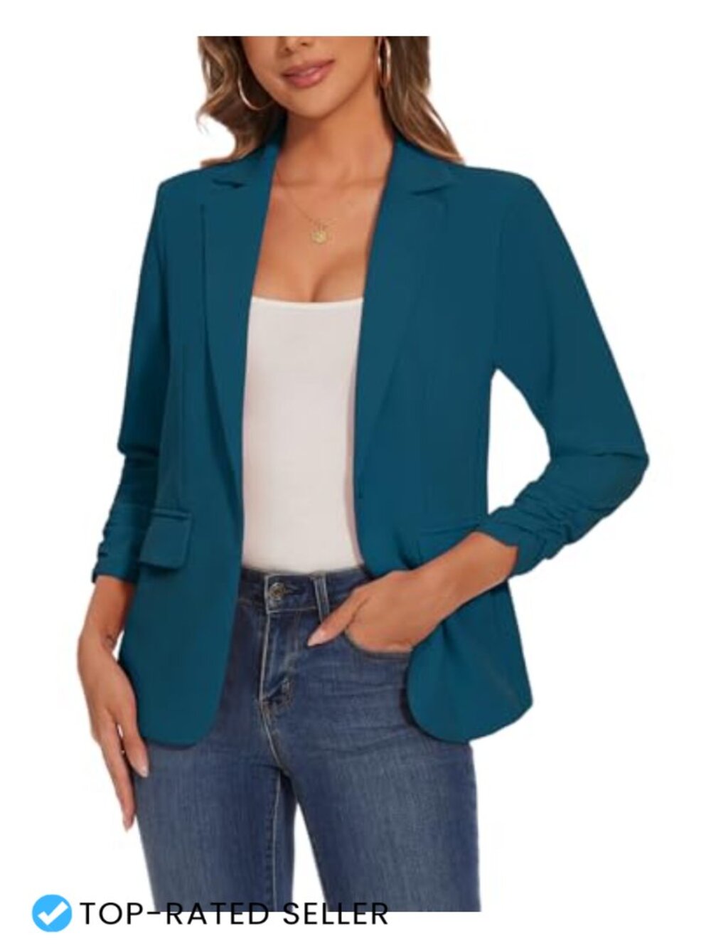 Women's Casual One Button Blazer Ruched 3/4 Sleeve Stretch Slim Fit Jacket